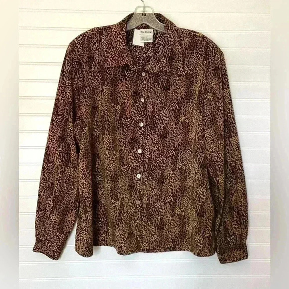 Liz Baker Blouse Cheetah Leopard Animal Print  Brown&Tan Long Sleeve  Sz 18 - Picture 12 of 13